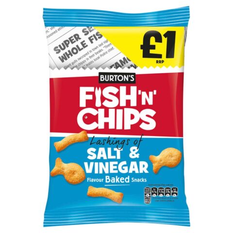 Burtons Fish & Chips S&V £1Burton'sFish'N'Chips Lashings of Salt & Vinegar Flavour Baked Snacks 125g x 10